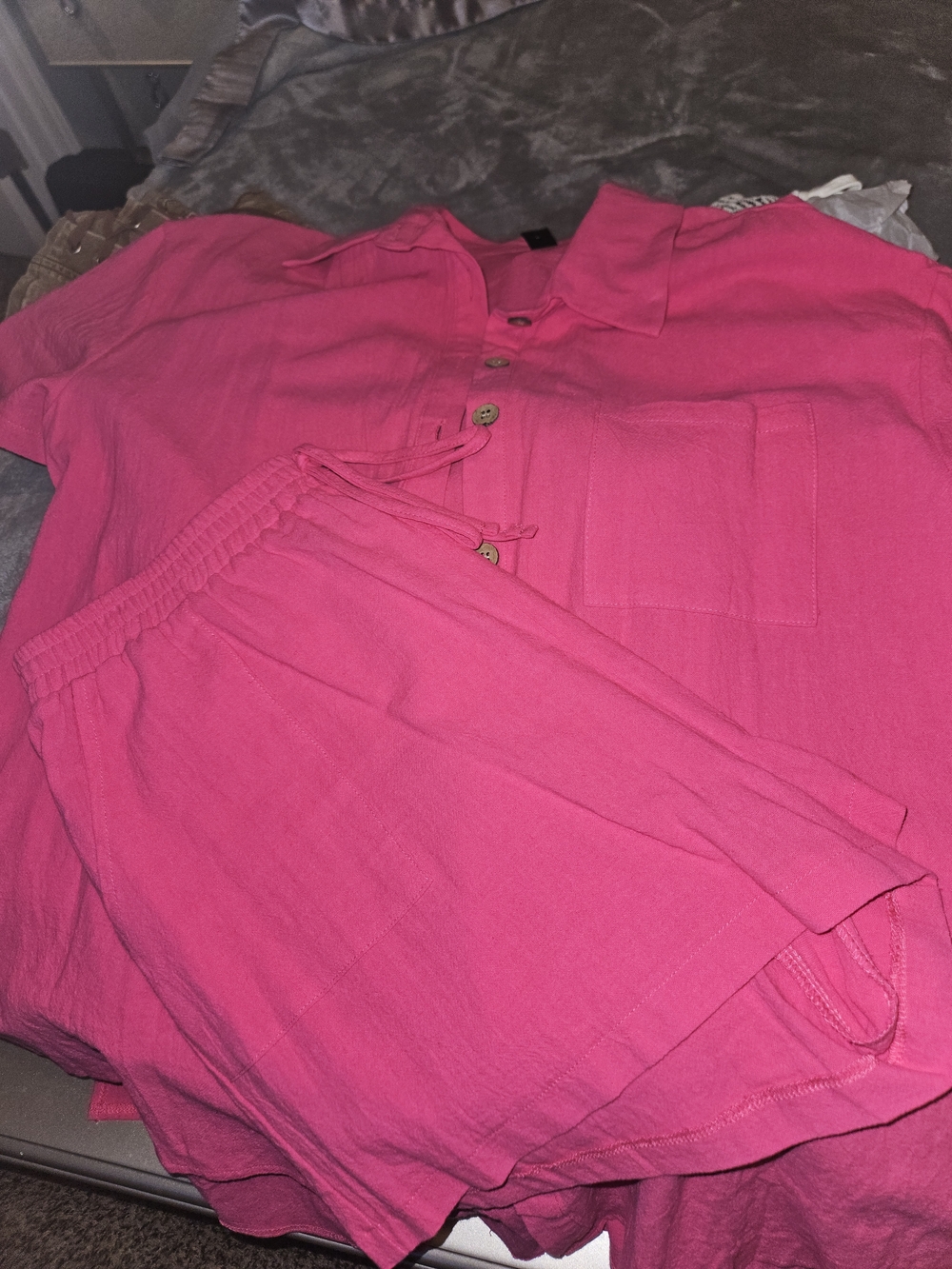 SHEIN Hot Pink Short Sleeve Button Top and Shorts Set
